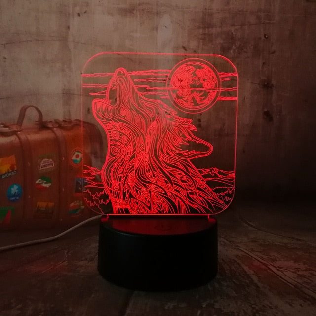 Full-moon Night Howl Wolf 3D LED Acrylic RGB Night Light Lamp