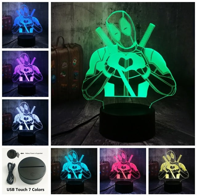 Cute Marvel Superhero LOVE Deadpool 3D LED Night Light Lamp