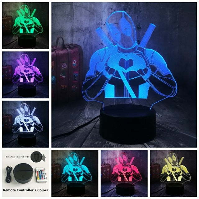 Cute Marvel Superhero LOVE Deadpool 3D LED Night Light Lamp