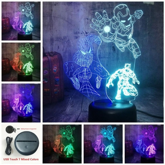 Marvel Spider-Man Iron Man Black Panther 3D LED Night Light Mixed Dual Color 7 Color  Lamp
