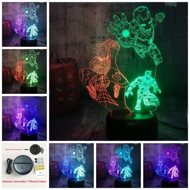Marvel Spider-Man Iron Man Black Panther 3D LED Night Light Mixed Dual Color 7 Color  Lamp