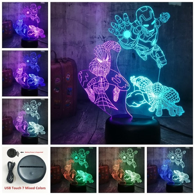 Marvel Spider-Man Iron Man Black Panther 3D LED Night Light Mixed Dual Color 7 Color  Lamp